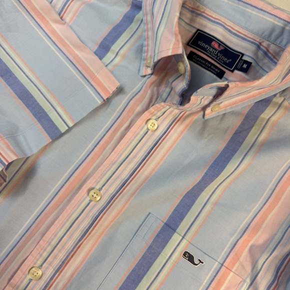 Vineyard Vines Other - Vineyard Vines Shirt Mens Medium Blue Pink Striped Classic Fit S/S Logo EUC